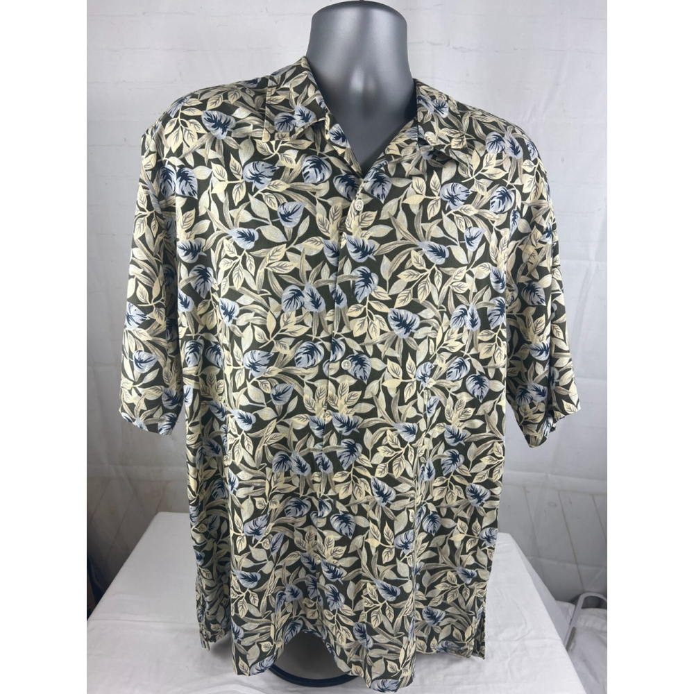 Mens Cutter & Buck Hawaiian Shirt Size L Black Cream Leaf Print Short Sleeve EUC